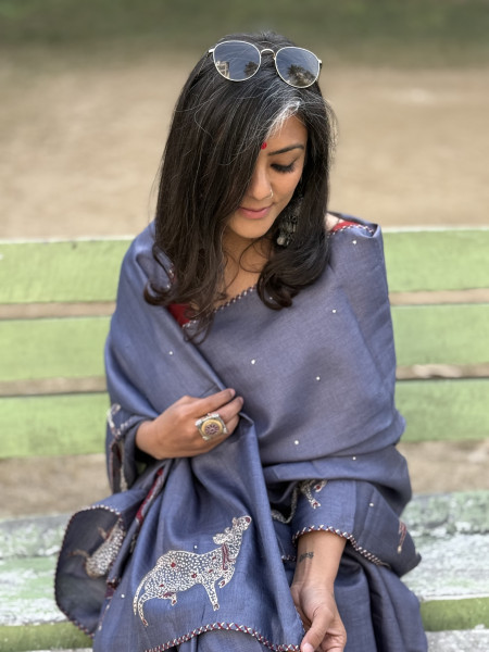 GREY TUSSAR SILK HAND EMBROIDERED SARI
