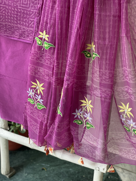 WINE HAND BLOCK PRINT KOTA  EMBROIDERED DUPATTA SET