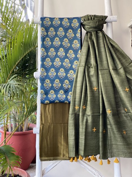 INDIGO-MEHNDI GREEN KATHIYA WOVEN SILK EMBROIDERED dupatta Set