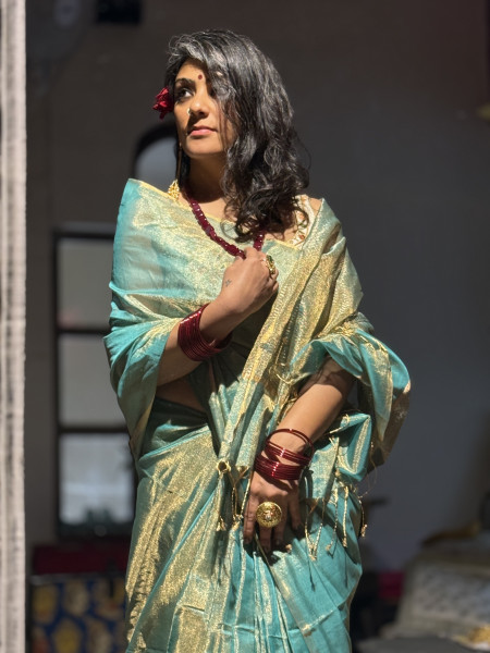 'LALITA' SEA GREEN ZARI WOVEN MAHESHWARI SILK  SARI