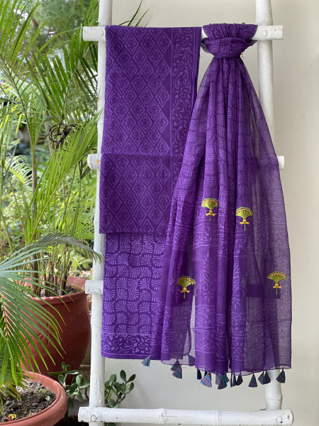 PURPLE HAND BLOCK PRINT KOTA  EMBROIDERED DUPATTA SET