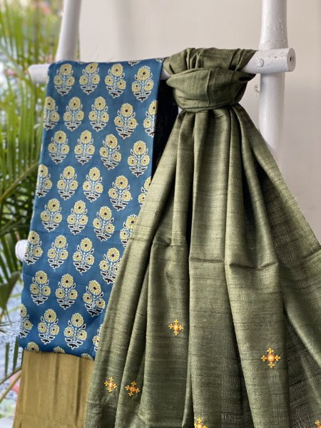 INDIGO-MEHNDI GREEN KATHIYA WOVEN SILK EMBROIDERED dupatta Set