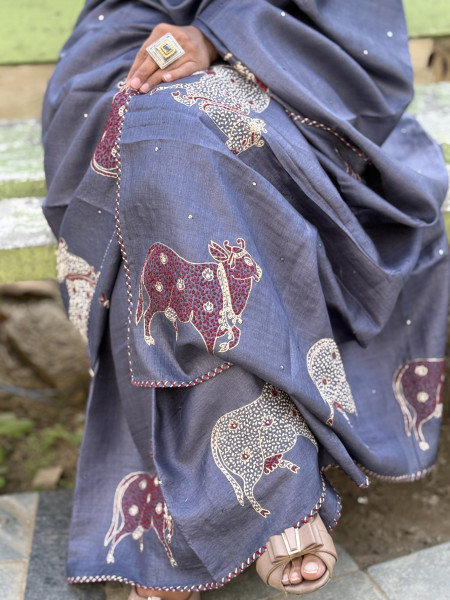 GREY TUSSAR SILK HAND EMBROIDERED SARI