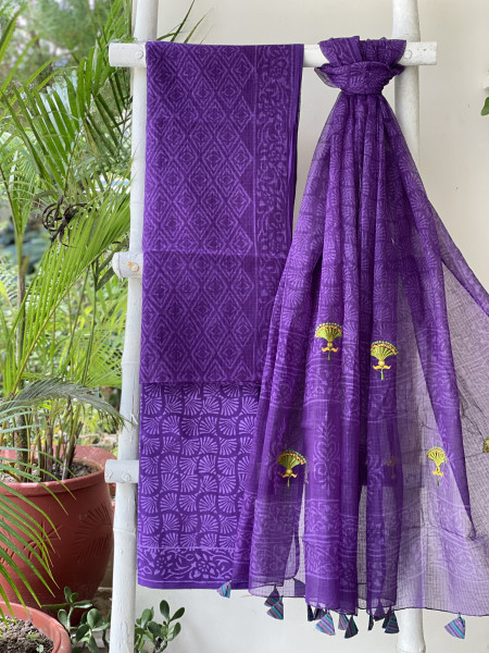 PURPLE HAND BLOCK PRINT KOTA  EMBROIDERED DUPATTA SET
