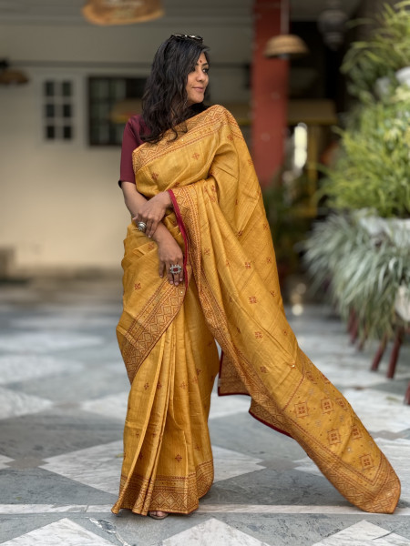 MUSTARD TUSSAR SILK EMBROIDERED SARI