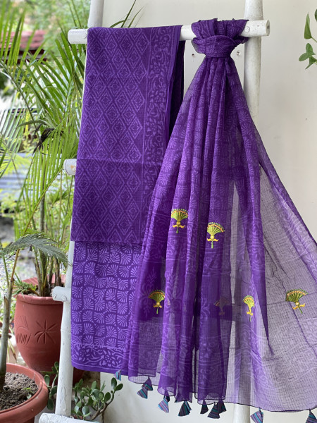 PURPLE HAND BLOCK PRINT KOTA  EMBROIDERED DUPATTA SET