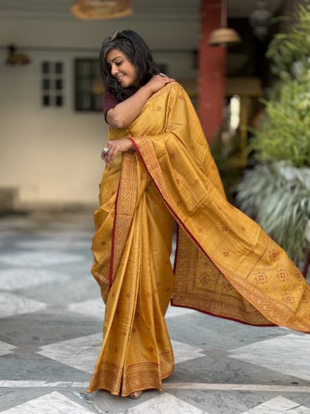 MUSTARD TUSSAR SILK EMBROIDERED SARI