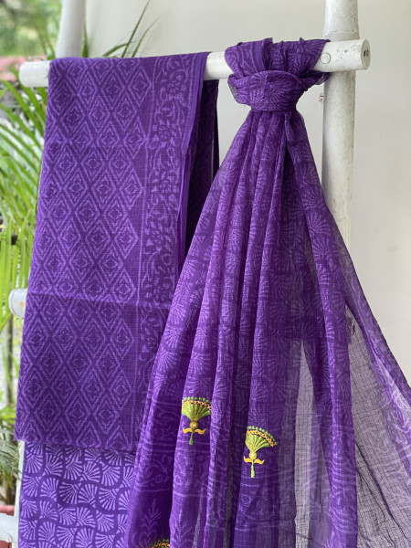 PURPLE HAND BLOCK PRINT KOTA  EMBROIDERED DUPATTA SET