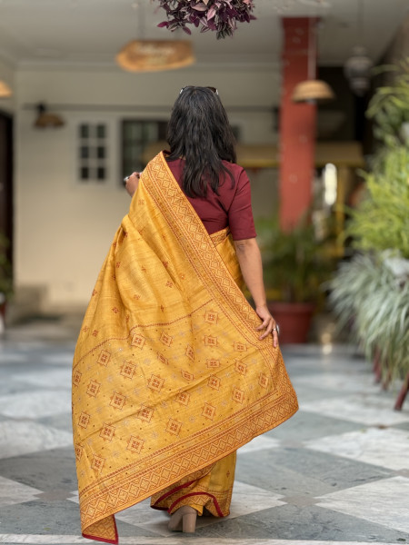 MUSTARD TUSSAR SILK EMBROIDERED SARI