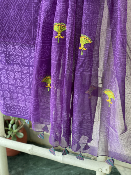 PURPLE HAND BLOCK PRINT KOTA  EMBROIDERED DUPATTA SET