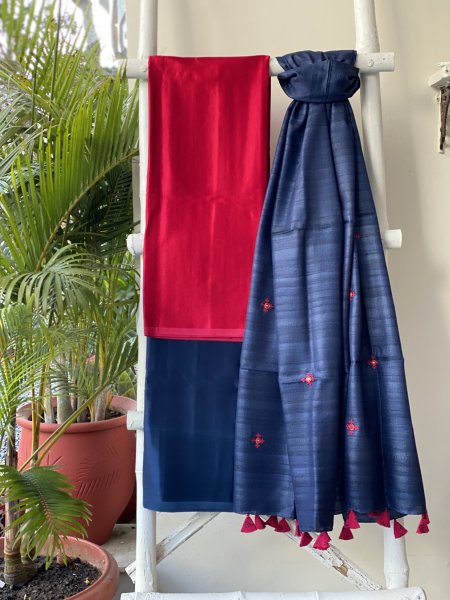 ROSE RED-INDIGO KATHIYA WOVEN SILK EMBROIDERED dupatta Set