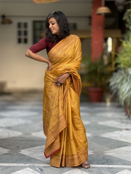 MUSTARD TUSSAR SILK EMBROIDERED SARI
