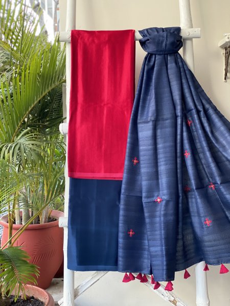 ROSE RED-INDIGO KATHIYA WOVEN SILK EMBROIDERED dupatta Set
