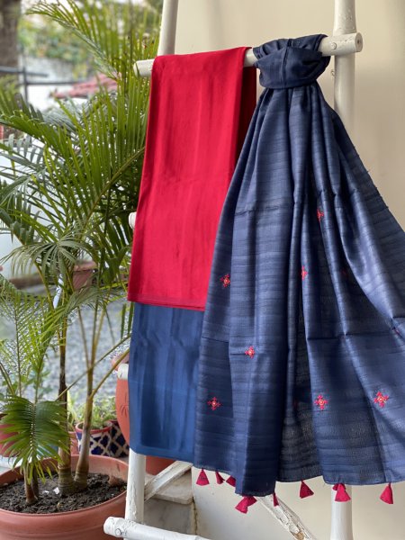 ROSE RED-INDIGO KATHIYA WOVEN SILK EMBROIDERED dupatta Set