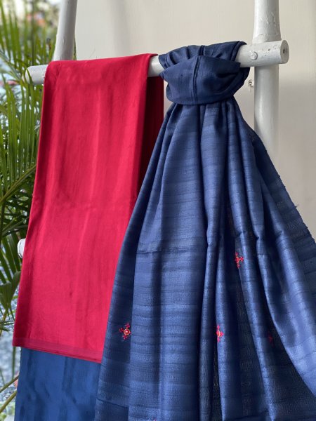 ROSE RED-INDIGO KATHIYA WOVEN SILK EMBROIDERED dupatta Set