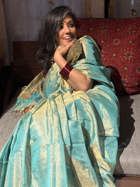 'LALITA' SEA GREEN ZARI WOVEN MAHESHWARI SILK  SARI