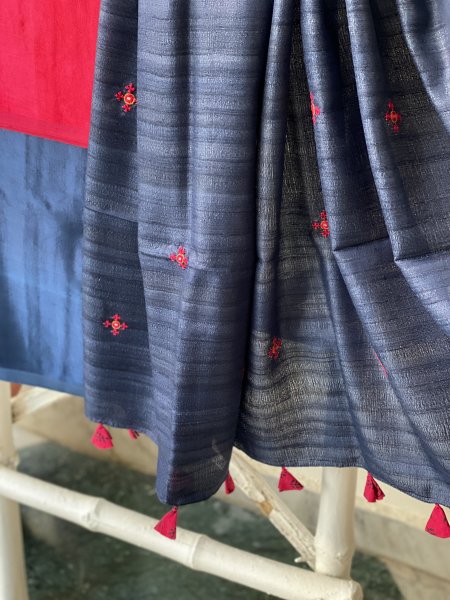 ROSE RED-INDIGO KATHIYA WOVEN SILK EMBROIDERED dupatta Set