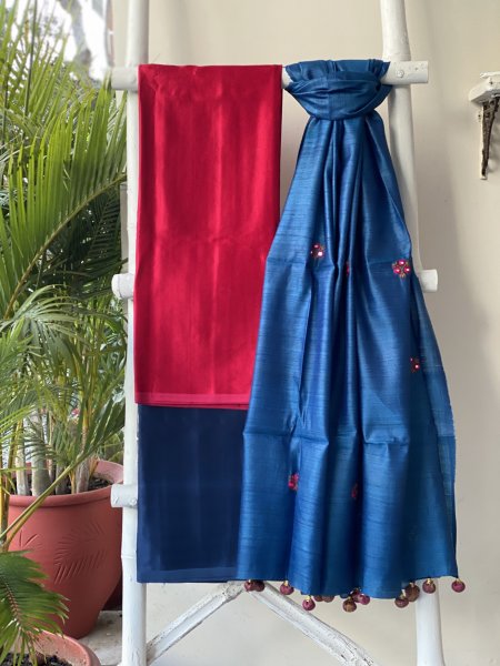 ROSE RED-INDIGO KATHIYA WOVEN SILK EMBROIDERED dupatta Set
