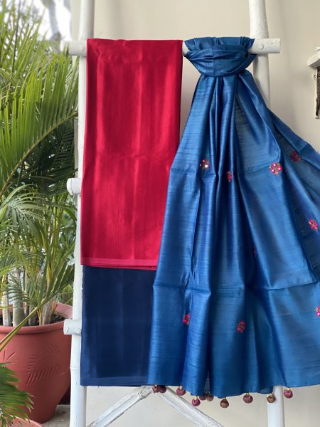 ROSE RED-INDIGO KATHIYA WOVEN SILK EMBROIDERED dupatta Set