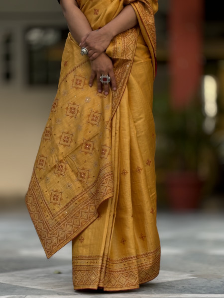 MUSTARD TUSSAR SILK EMBROIDERED SARI