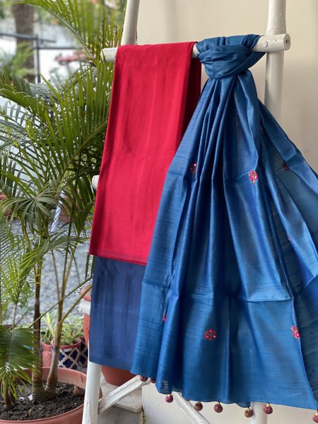 ROSE RED-INDIGO KATHIYA WOVEN SILK EMBROIDERED dupatta Set