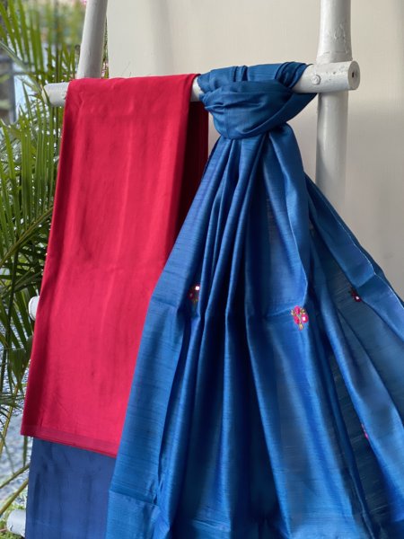 ROSE RED-INDIGO KATHIYA WOVEN SILK EMBROIDERED dupatta Set