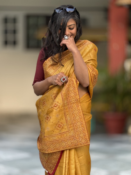 MUSTARD TUSSAR SILK EMBROIDERED SARI