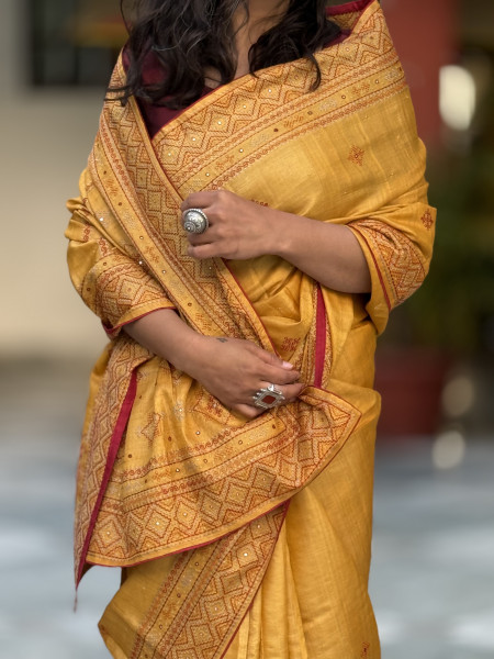 MUSTARD TUSSAR SILK EMBROIDERED SARI