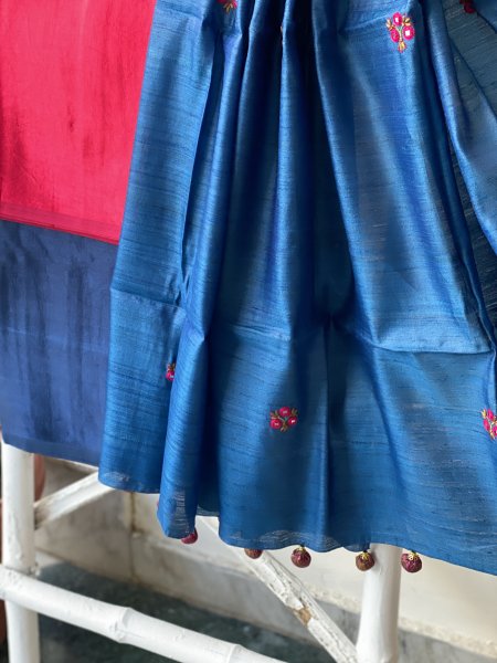 ROSE RED-INDIGO KATHIYA WOVEN SILK EMBROIDERED dupatta Set
