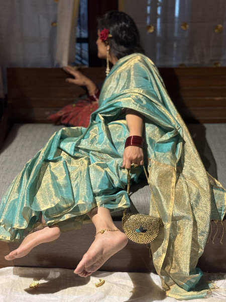 'LALITA' SEA GREEN ZARI WOVEN MAHESHWARI SILK  SARI
