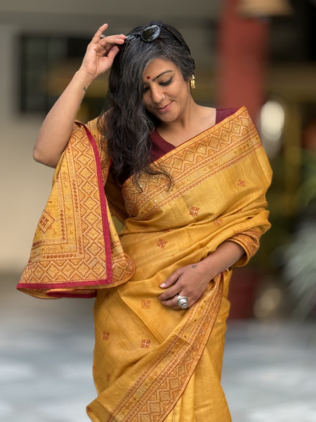 MUSTARD TUSSAR SILK EMBROIDERED SARI