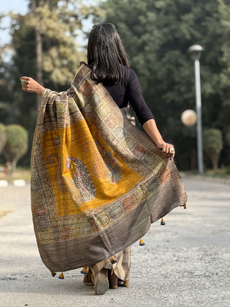 GREY-MUSTARD KORA-GICHA TUSSAR EMBROIDERED SILK SARI