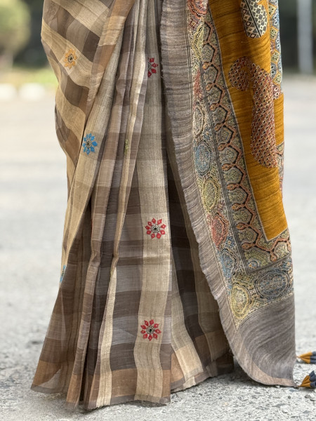 GREY-MUSTARD KORA-GICHA TUSSAR EMBROIDERED SILK SARI