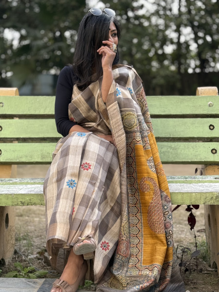 GREY-MUSTARD KORA-GICHA TUSSAR EMBROIDERED SILK SARI