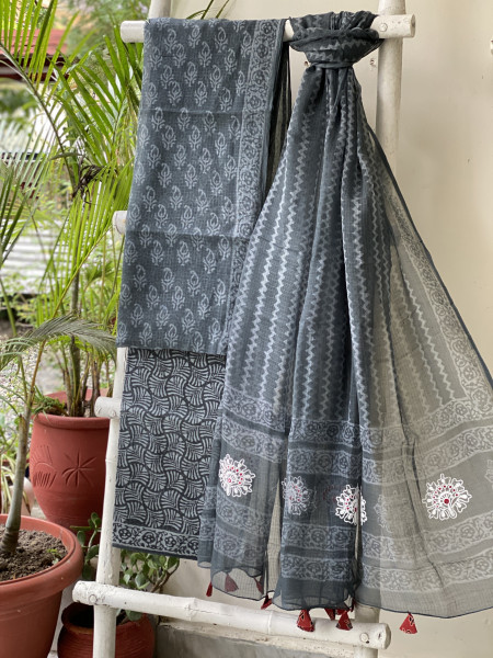 GREYISH-BLACK HAND BLOCK PRINT KOTA  EMBROIDERED DUPATTA SET