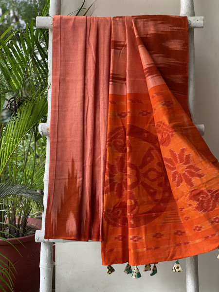 SHADED ORANGE Cotton 'KARGIL KUMBHA' ikkat woven sari