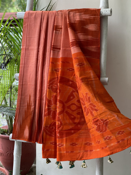 SHADED ORANGE Cotton 'KARGIL KUMBHA' ikkat woven sari