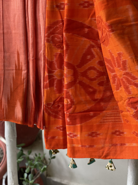 SHADED ORANGE Cotton 'KARGIL KUMBHA' ikkat woven sari