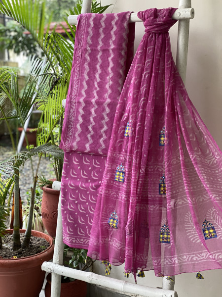 PINK HAND BLOCK PRINT KOTA  EMBROIDERED DUPATTA SET
