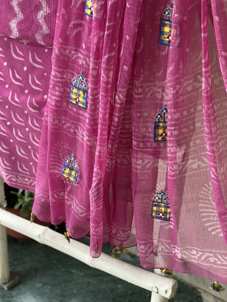 PINK HAND BLOCK PRINT KOTA  EMBROIDERED DUPATTA SET