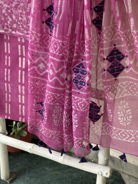 PINK HAND BLOCK PRINT KOTA  EMBROIDERED DUPATTA SET