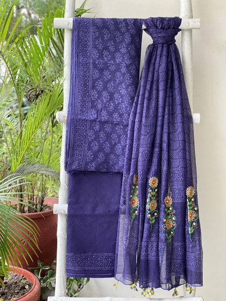 INK BLUE HAND BLOCK PRINT KOTA  EMBROIDERED DUPATTA SET