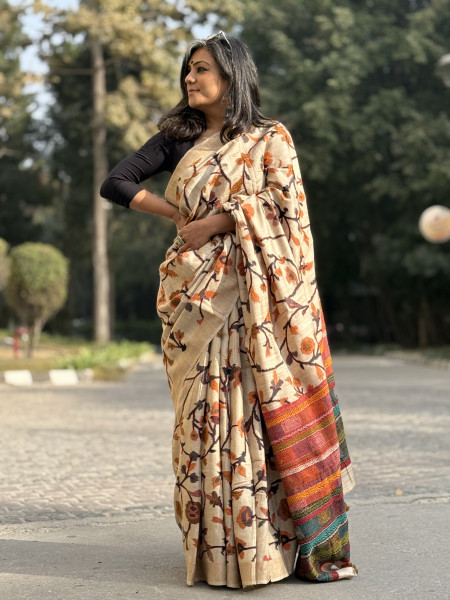 BEIGE PRINTED KANTHA EMBROIDERED TUSSAR SILK SARI
