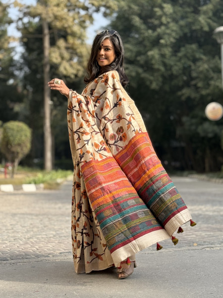 BEIGE PRINTED KANTHA EMBROIDERED TUSSAR SILK SARI