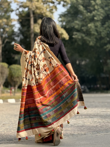 BEIGE PRINTED KANTHA EMBROIDERED TUSSAR SILK SARI