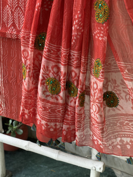 RED HAND BLOCK PRINT KOTA  EMBROIDERED DUPATTA SET