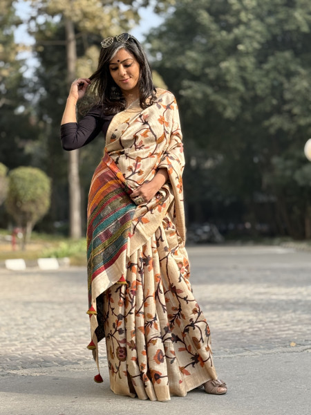 BEIGE PRINTED KANTHA EMBROIDERED TUSSAR SILK SARI