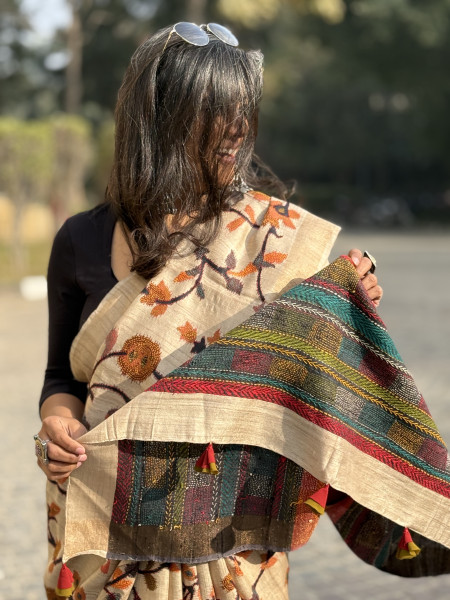 BEIGE PRINTED KANTHA EMBROIDERED TUSSAR SILK SARI
