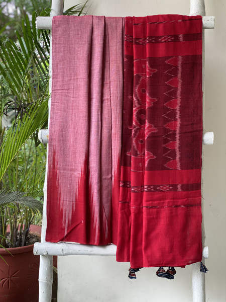 SHADED RED Cotton 'KARGIL KUMBHA' ikkat woven sari