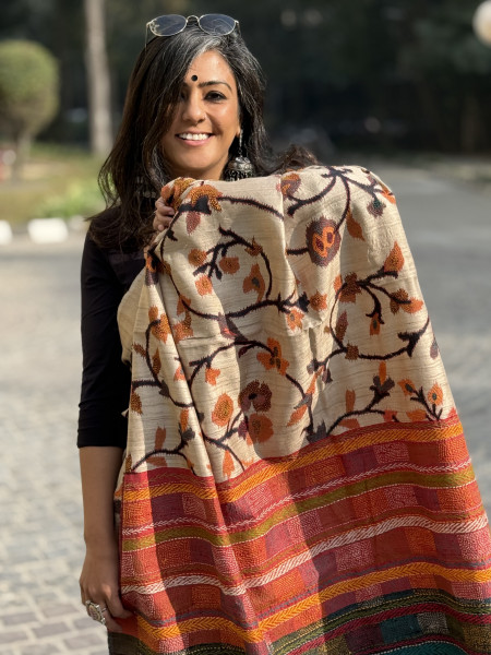 BEIGE PRINTED KANTHA EMBROIDERED TUSSAR SILK SARI